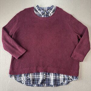 Lauren Ralph Lauren Burgundy Cotton Knit Sweater Plaid Collar Hem Detail Size 3X